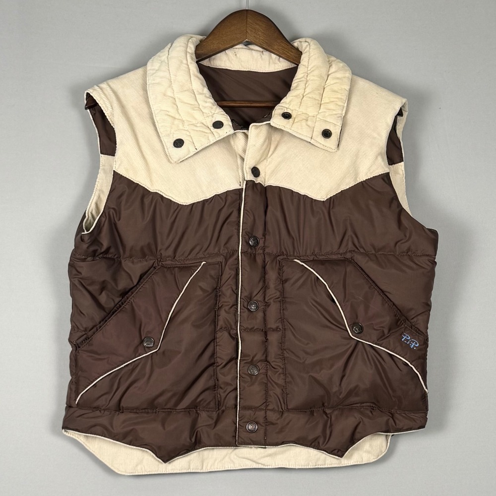 Vintage 70s Ski Daddle Reversible Vest Brown Cream Corduroy Western Pack-In PIP